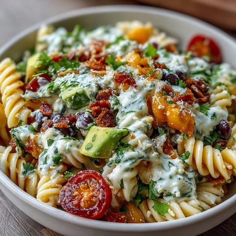 Colorful taco pasta salad with rotini, black beans, corn, and cheddar, topped with crushed tortilla chips and fresh cilantro.