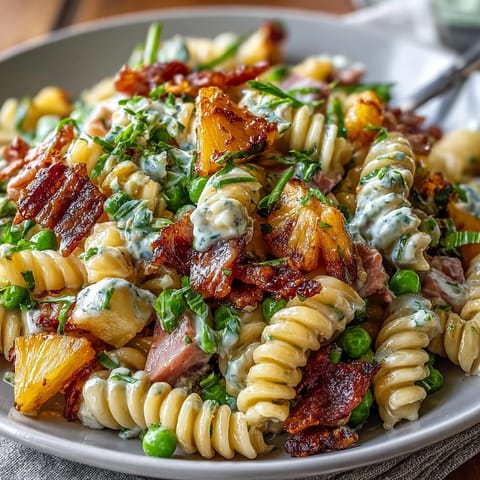 Tropical Hawaiian pasta salad with ham, pineapple, and ranch dressing, perfect for summer gatherings.  
