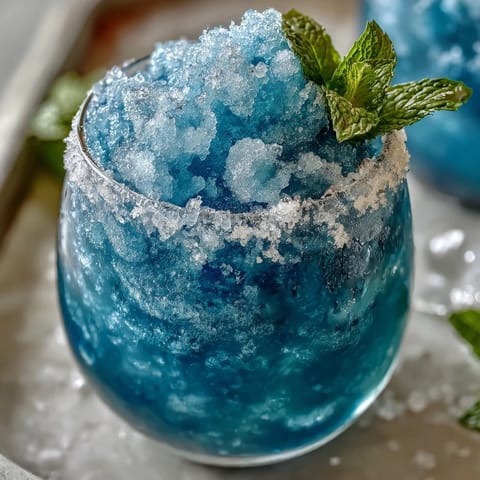 A frosty blue raspberry lemonade slushie in a chilled glass, garnished with fresh lemon slices and mint leaves.