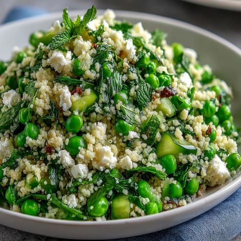 Fresh spring pea and mint couscous salad with vibrant green peas and herbs, perfect for Easter gatherings.  