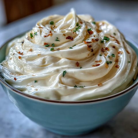 Creamy homemade garlic aioli, rich and garlicky, served in a bowl beside golden fries and fresh vegetables.  