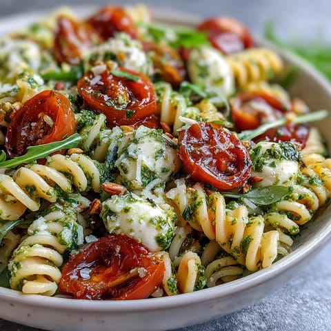 Delicious Summer Pasta Salad, bright with pesto, ready for a picnic.