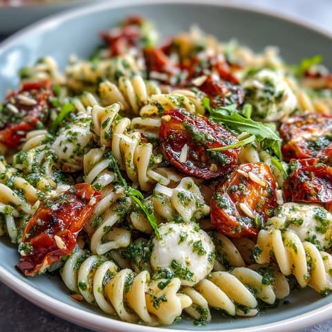 Vibrant Summer Pasta Salad with cherry tomatoes and fresh mozzarella.