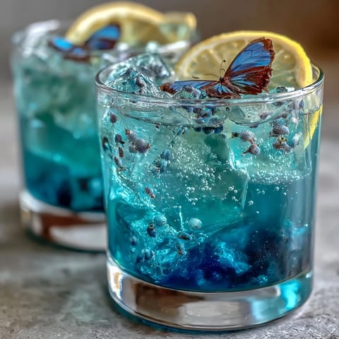 Vibrant butterfly pea flower lemonade color-changing magic with fresh lemon slices.