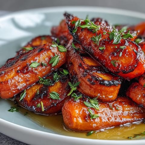 Tender honey glazed roasted carrots with thyme, caramelized and glistening.