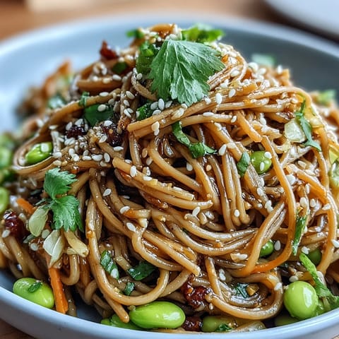 Sesame Ginger Noodle Bowl with crunchy cabbage and edamame, tossed in a zesty sesame ginger dressing for a refreshing vegetarian meal.
