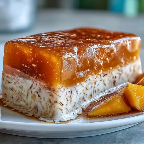 Vibrant mango agar-agar jelly cubes with creamy coconut milk, a vegan dessert perfect for warm days.