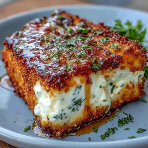 Crispy breaded feta cheese baked golden brown with a crunchy panko coating, drizzled with honey and fresh herbs.