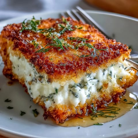 Warm baked feta slices coated in golden panko crumbs, served with honey drizzle and fragrant chopped herbs for a savory-sweet appetizer.