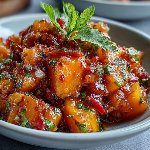 Fresh mango habanero salsa with ripe diced mango, spicy habanero, and crisp red onion, perfect for dipping chips.