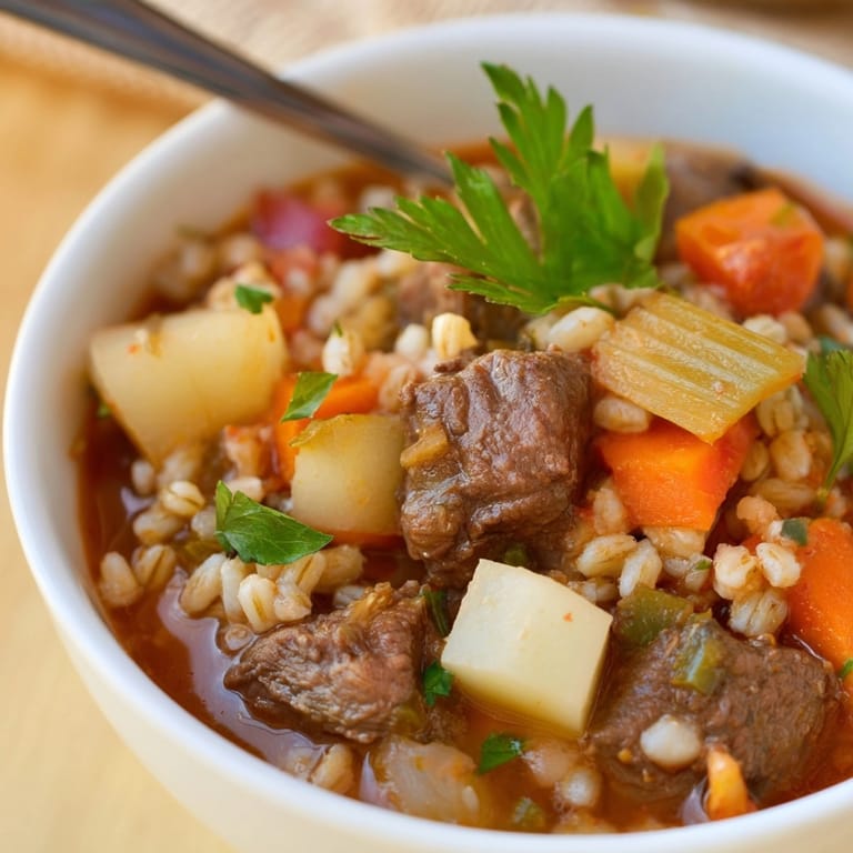 Close-up of a steaming bowl of Beef and Barley Stew, garnished with fresh parsley.