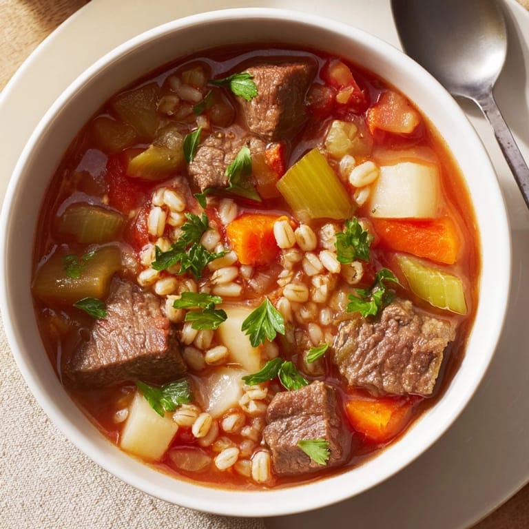 Comforting Beef and Barley Stew recipe: tender beef with savory broth, ready in hours.