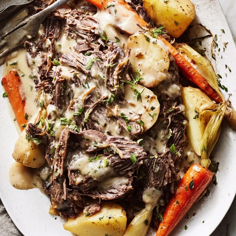 Delicious Slow Cooker Creamy Pot Roast served with fresh parsley for a cozy dinner.