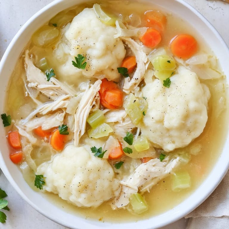 Hearty Classic Chicken and Dumplings topped with fresh parsley and served in a bowl.