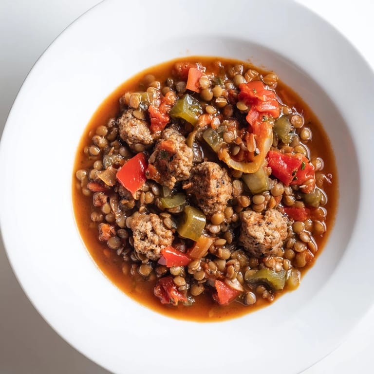 Warm spicy lentil and sausage chili, perfect with crusty bread or over rice.