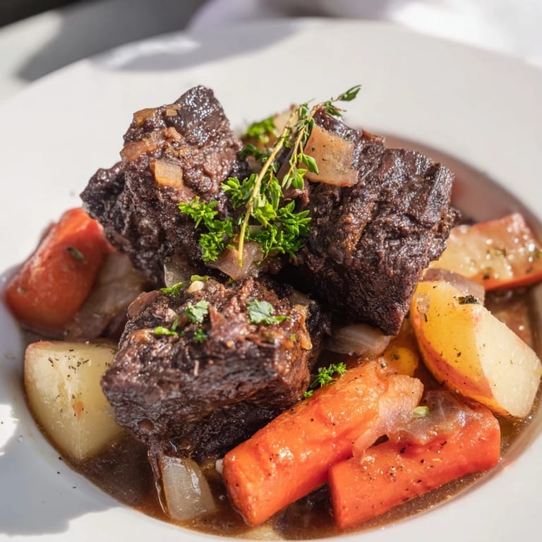 Hearty Braised Beef with Carrots and Potatoes served with fresh parsley garnish.  