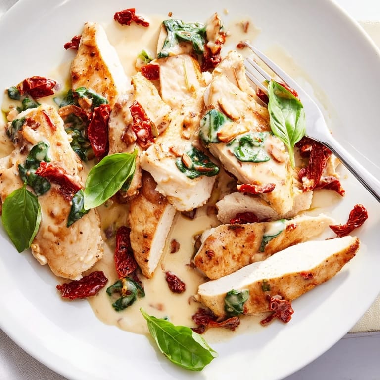 Delicious Creamy Tuscan Garlic Chicken garnished with fresh basil and sun-dried tomatoes.