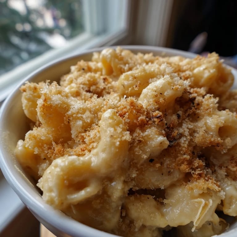 Comforting dish of baked macaroni and cheese, rich sauce bubbling under a crunchy crust.