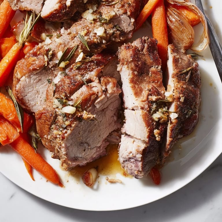 Mouthwatering roasted herb pork shoulder served with a rich sauce and fresh herbs.  
