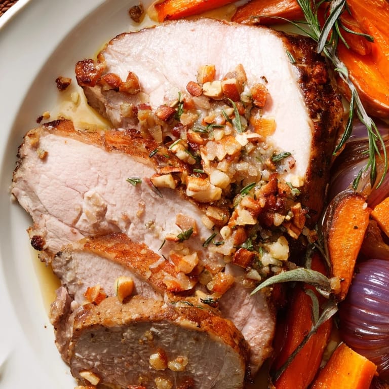 Tender, flavorful roasted herb pork shoulder paired with roasted carrots and onions.