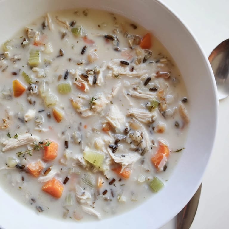 Hearty creamy chicken and wild rice soup filled with tender chicken and vibrant veggies.