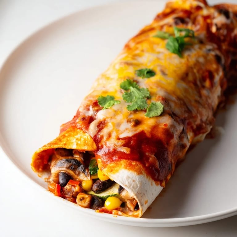 A close-up of vibrant Farmers Market Vegetarian Enchiladas, overflowing with a colorful veggie filling.