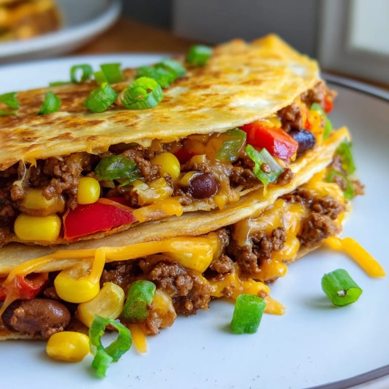 Mouthwatering close-up of sheet pan quesadillas with beef, featuring a crispy tortilla crust and cheesy filling.
