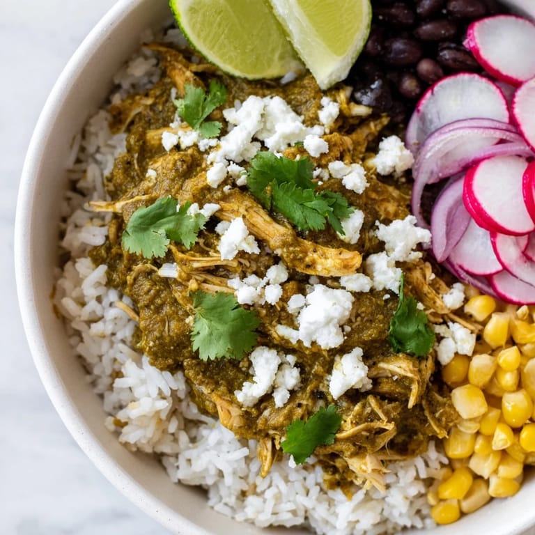 A delicious view of a Green Enchiladas Rice Bowl, with fresh cilantro and creamy avocado slices.