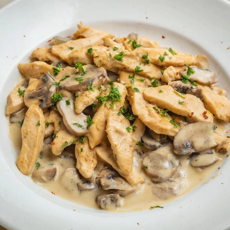 A close-up of creamy Chicken Stroganoff, the rich sauce coating perfectly cooked chicken pieces and veggies.