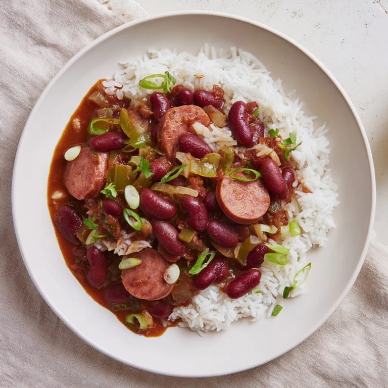 A close-up of hearty Red Beans & Rice, showing the tender beans and smoky sausage.