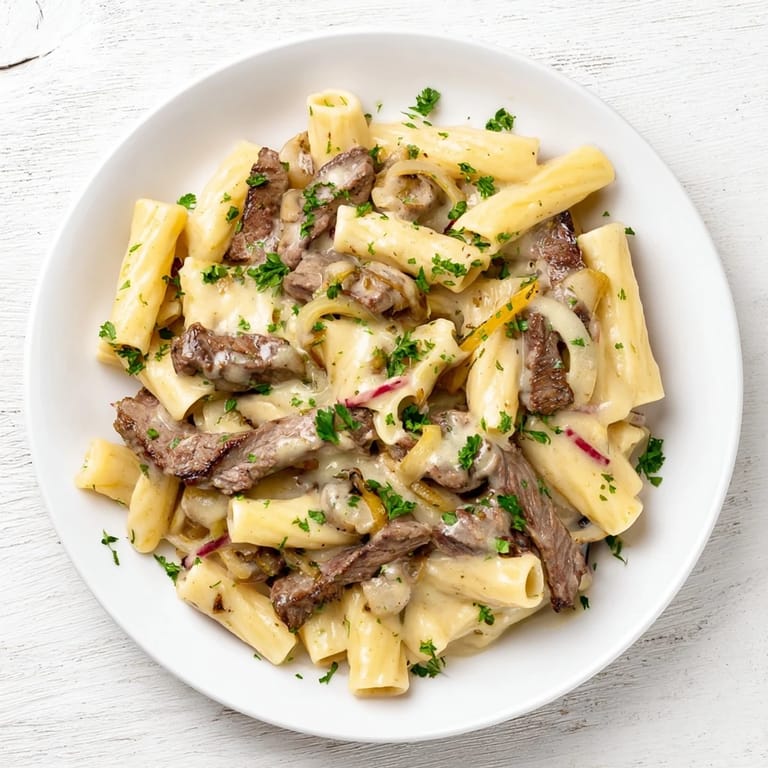 A generous serving of Philly Cheese Steak Pasta, creamy cheese sauce coats beef and pasta, garnished with parsley.
