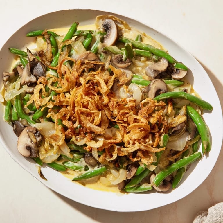 Golden-brown Old-School Green Bean Casserole bubbling in a baking dish, ready to serve with family.