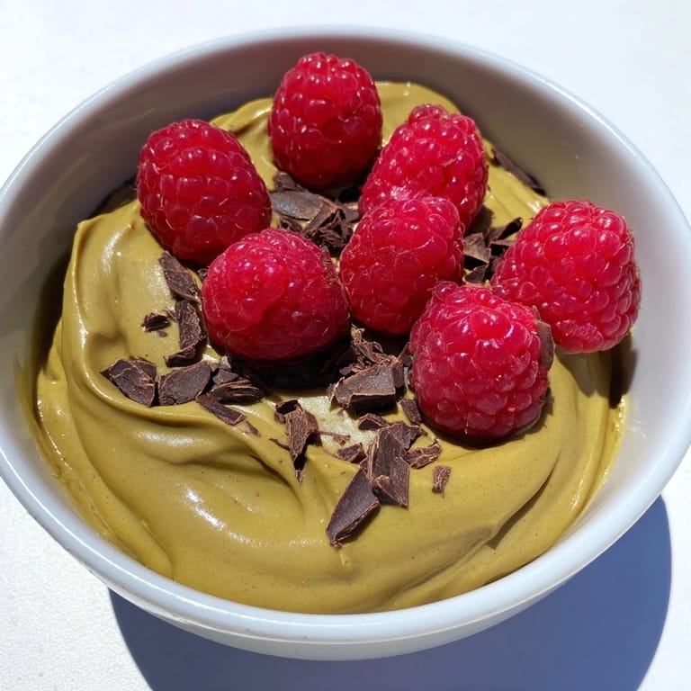 Dark, rich avocado chocolate mousse swirled in a glass, ready to be enjoyed with fresh raspberries.