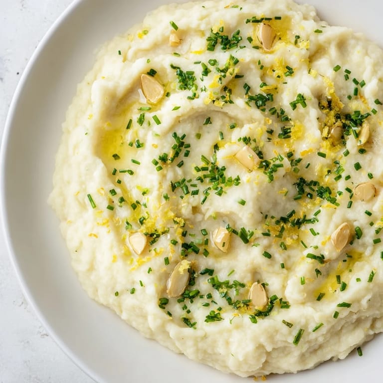 This vibrant photo shows a bowl of homemade cauliflower mash, enhanced with fresh herbs and lemon zest.