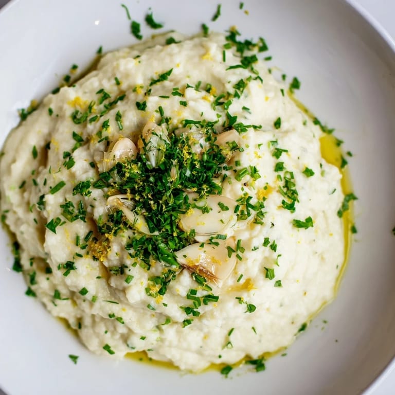 Close-up of fluffy cauliflower mash with garlic, perfectly seasoned for a comforting, gluten-free dinner.