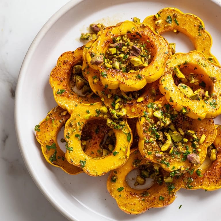 Close-up of baked delicata squash rings, showcasing their tender texture and sweet glaze.