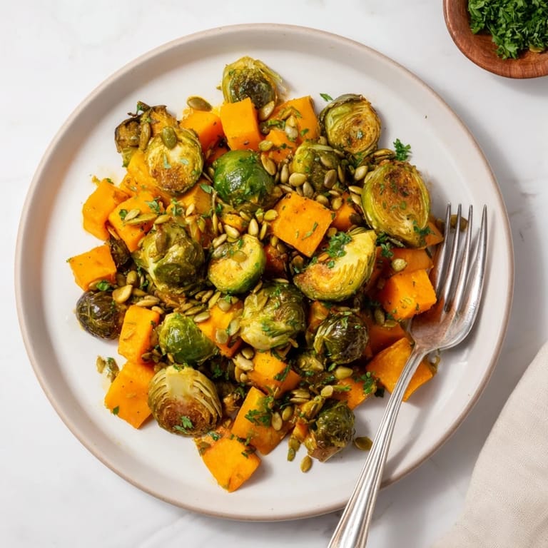 Warm roasted Brussels sprouts with butternut squash, drizzled with sweet and tangy orange dressing.