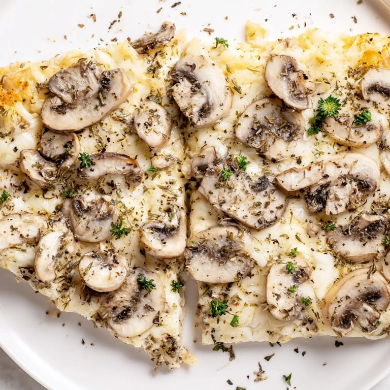 Golden brown enhanced frozen pizza showcasing mushrooms, herbs, and extra cheesy goodness, ready to enjoy.