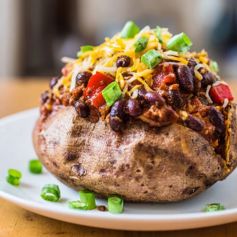 Close-up of a hearty bowl: Chili-Style Baked Potatoes overflowing with chili, beans, and fresh green onions.