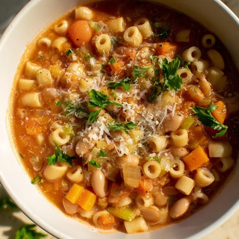 Golden broth of Pasta e Fagioli Soup, simmered with carrots and the aroma of Italian herbs.