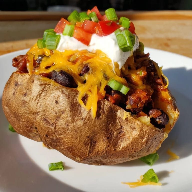 A close-up shot of a steaming Loaded Baked Potato, brimming with chili and gooey cheese.