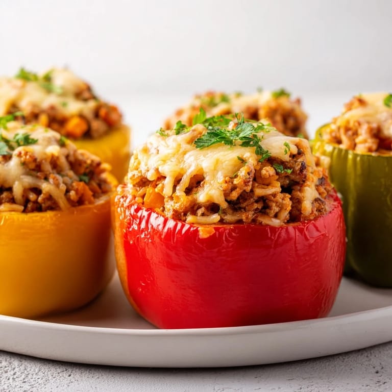 A close-up of baked stuffed peppers featuring bubbling cheese over a turkey and rice filling.