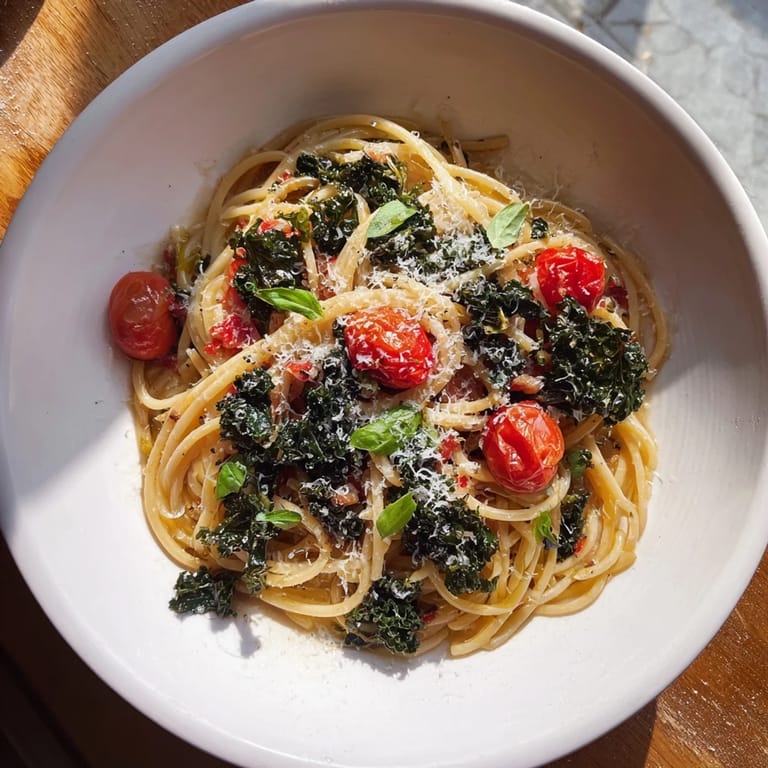 Close-up of a bubbling one-pot spaghetti, featuring vibrant red tomatoes and tender green kale.