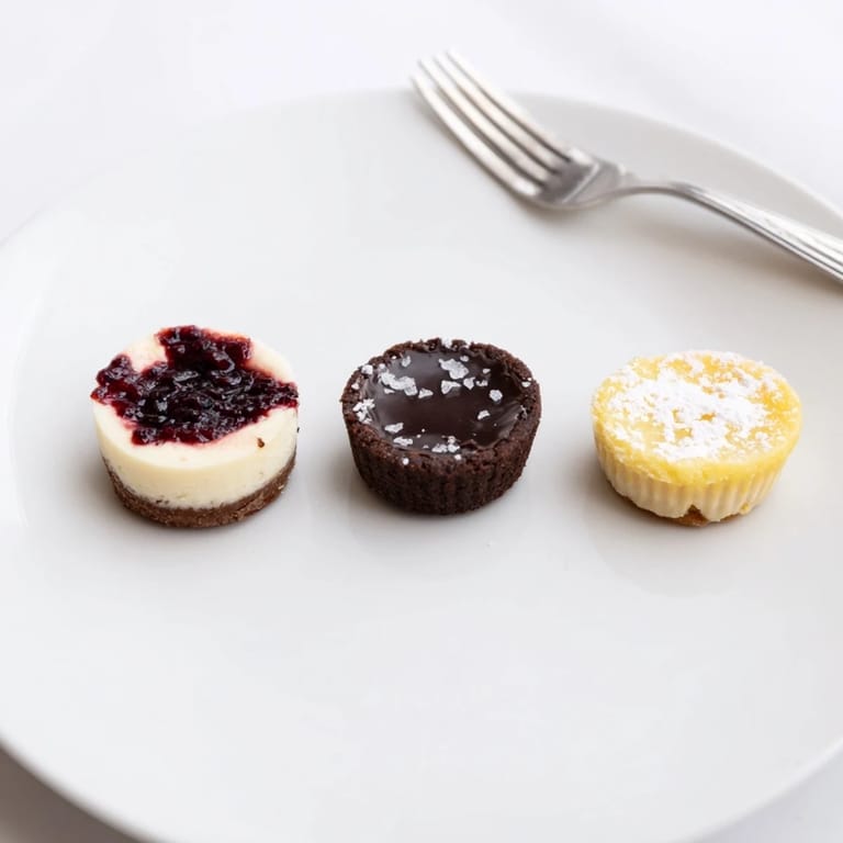 A close-up shot of the Mini Dessert Bites Trio, featuring tart chocolate ganache and zesty lemon filling.