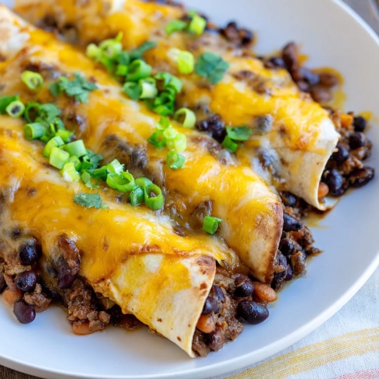 Delicious and comforting Cheesy Bean Enchiladas, baked to perfection with a golden and cheesy top.