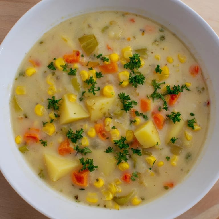 A close-up of a warm bowl of hearty Corn & Potato Chowder, perfect for a cozy supper.