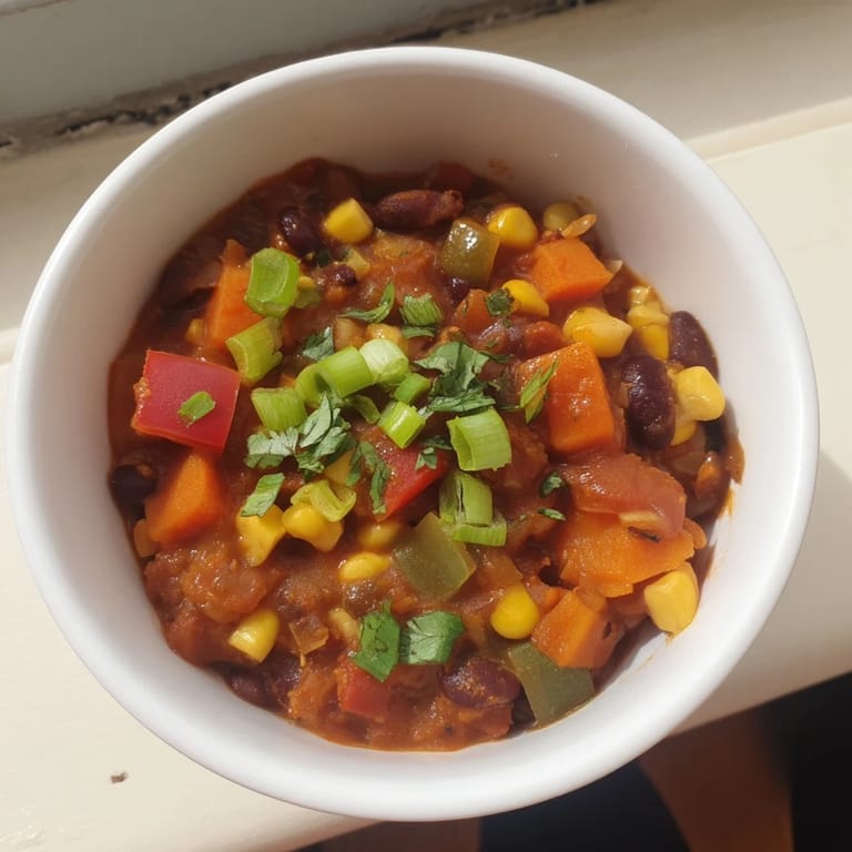 A vibrant, colorful veggie chili with visible kidney beans and corn, ready to eat with toppings.