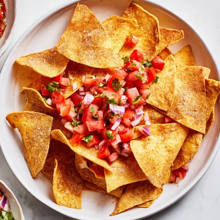 Crispy air-fryer tortilla chips perfect for dipping into a fresh salsa, ideal snack.