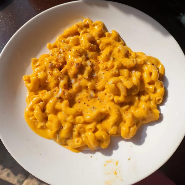 A warm bowl of one-pot butternut squash mac and cheese with hints of orange squash and melting cheese.
