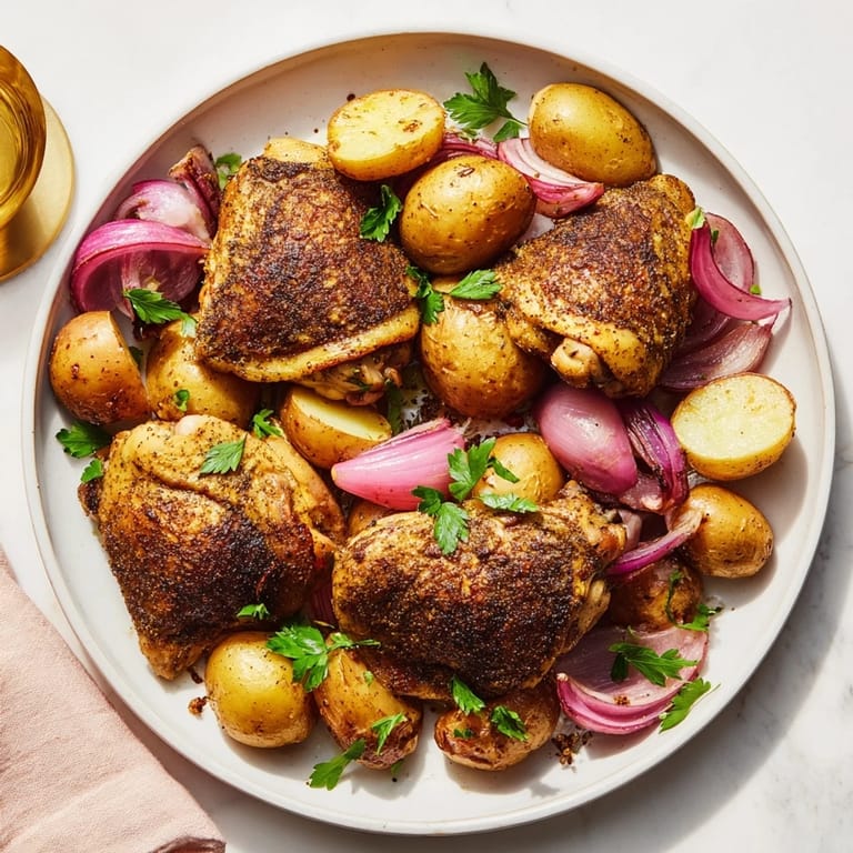 Ready-to-eat Sheet Pan Zaatar Chicken, a vibrant Middle Eastern dish with herbs and lemon served with potatoes.